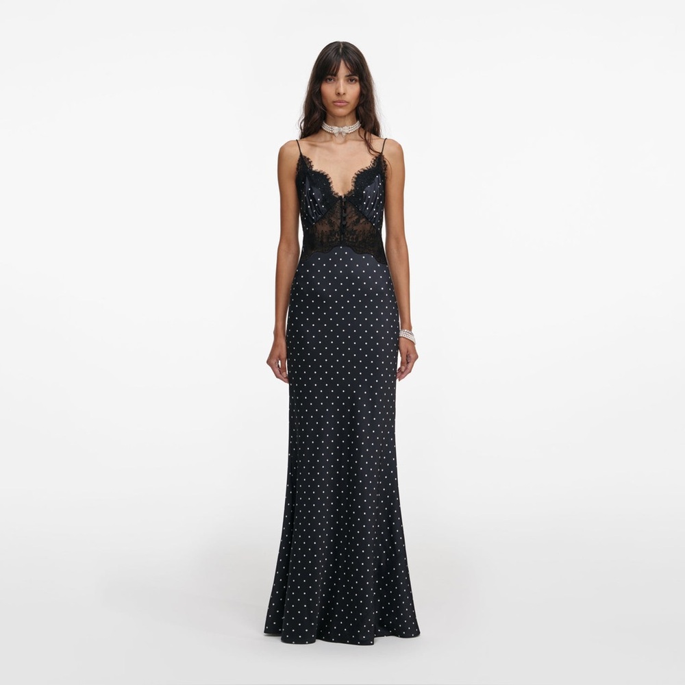 SELF-PORTRAIT POLKA DOT SATIN LACE MAXI DRESS, NWOT, NEVER WORN, NO FLAWS.